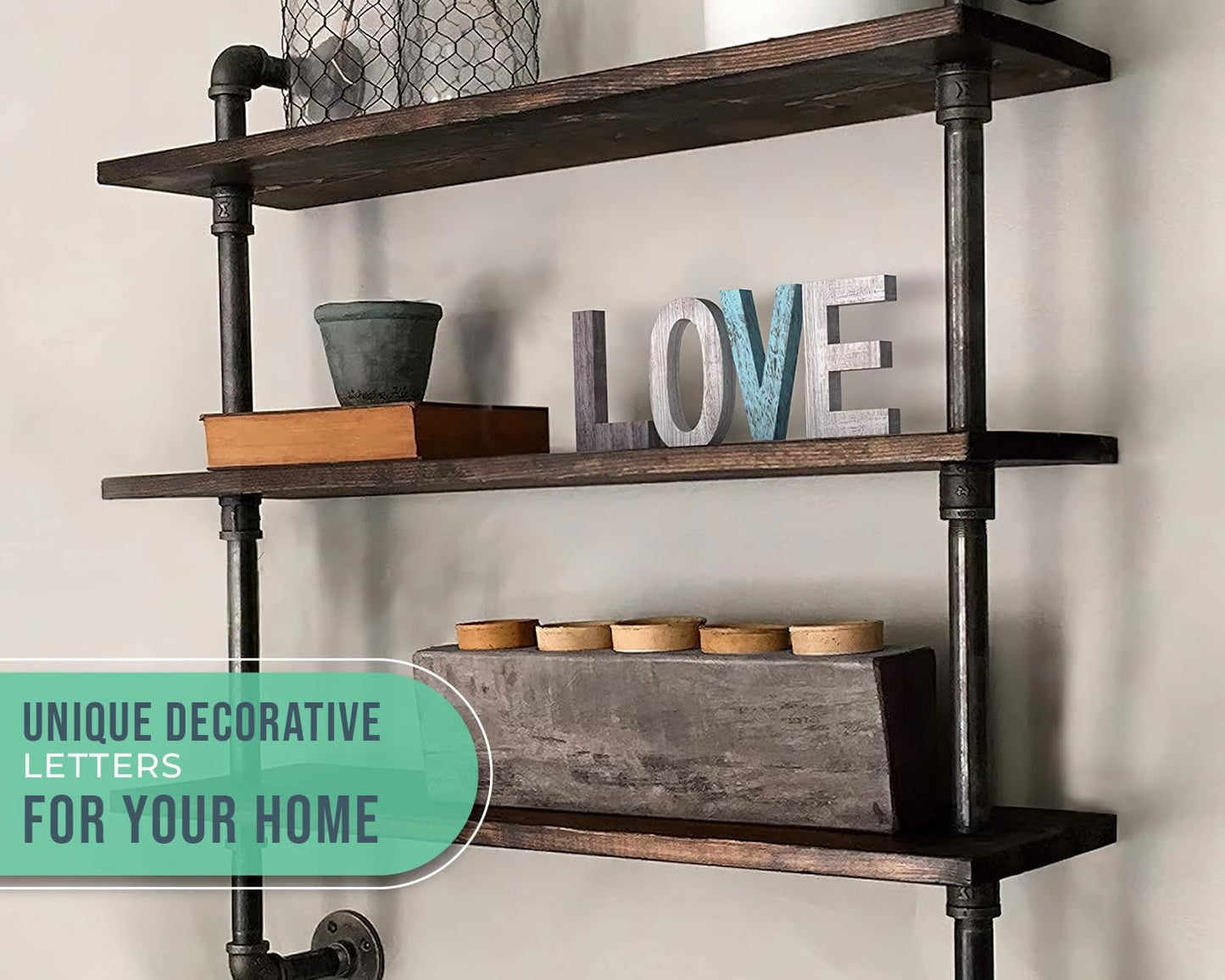 "Rustic Love Letters: Charming Blue, White, and Grey Wall Décor - Perfect Farmhouse Accent for Your Living Room"