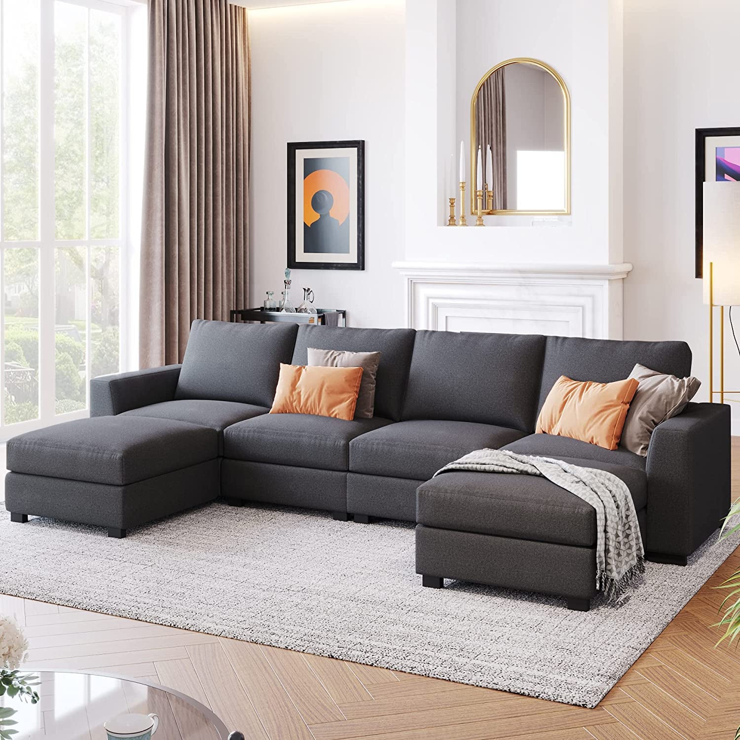 "Modern and Versatile 131" U-Shape Sectional Sofa Set with Ottoman and Stylish Wide Arms - Elegant Gray Finish!"