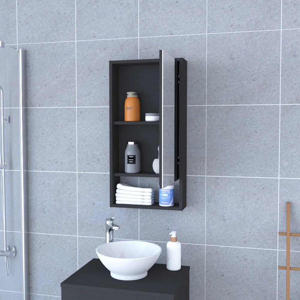 "Stylish and Functional Medicine Cabinet with External Shelf in Sleek Black Wengue Finish - Irvine Collection"