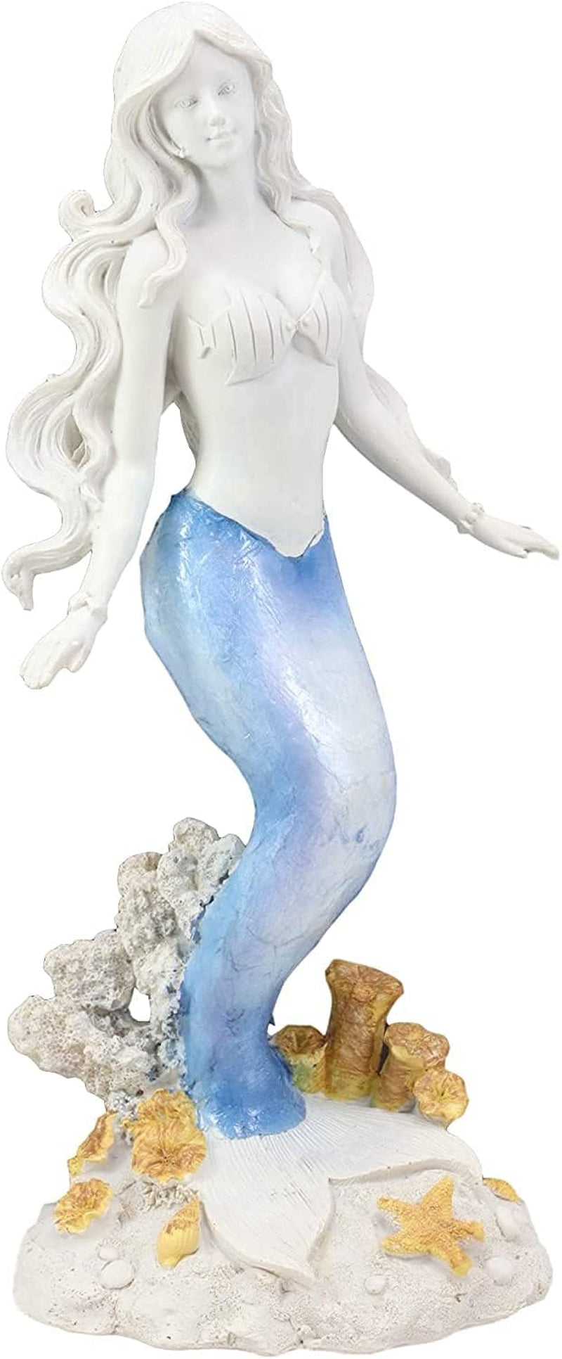 "Enchanting Oceanic Capiz Standing Mermaid Statue: Captivating Blue & White Gradient Nautical Decor"