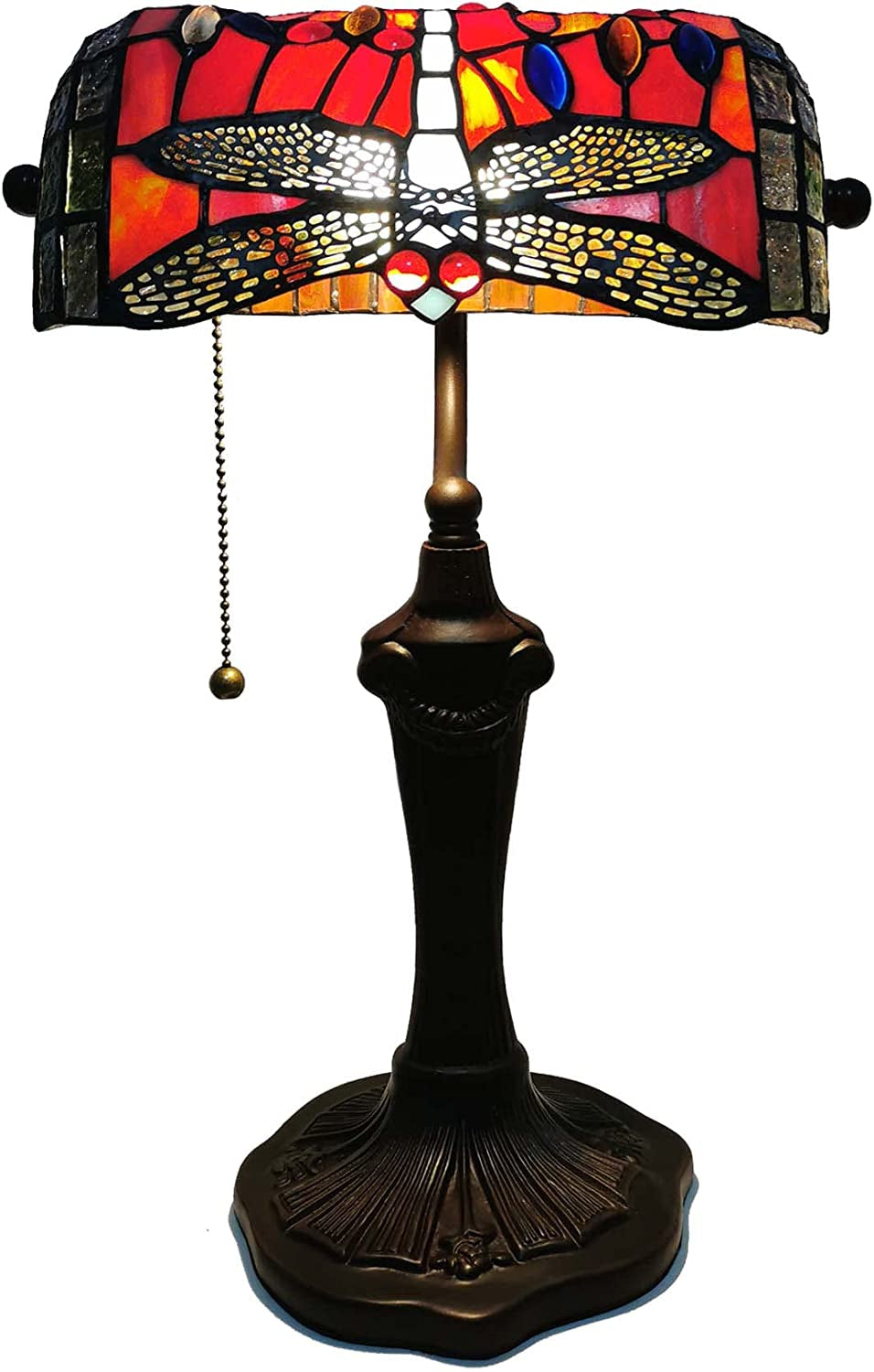 " Tiffany Dragonfly Banker Table Lamp: Exquisite Stained Glass Beauty for Timeless Elegance"