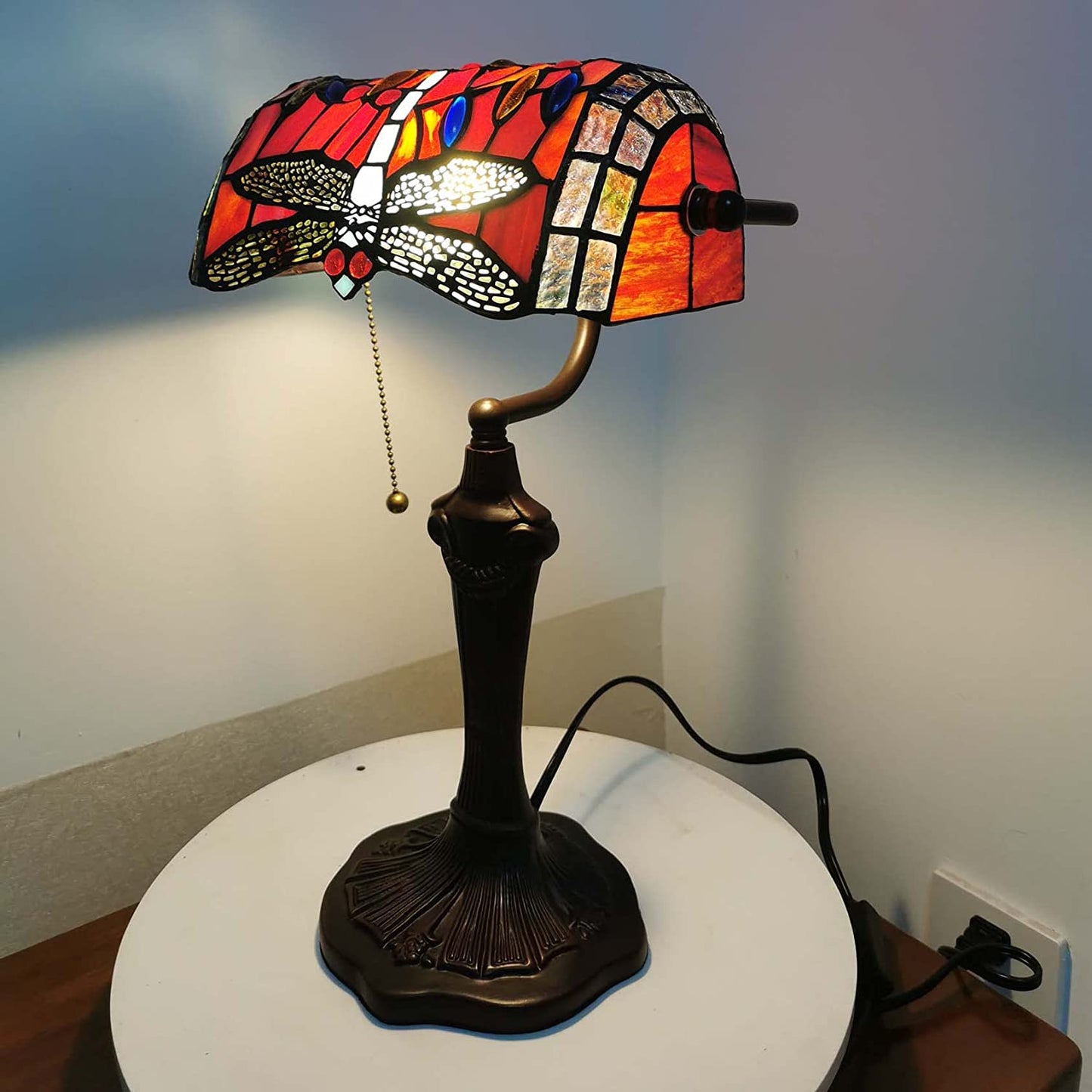 " Tiffany Dragonfly Banker Table Lamp: Exquisite Stained Glass Beauty for Timeless Elegance"