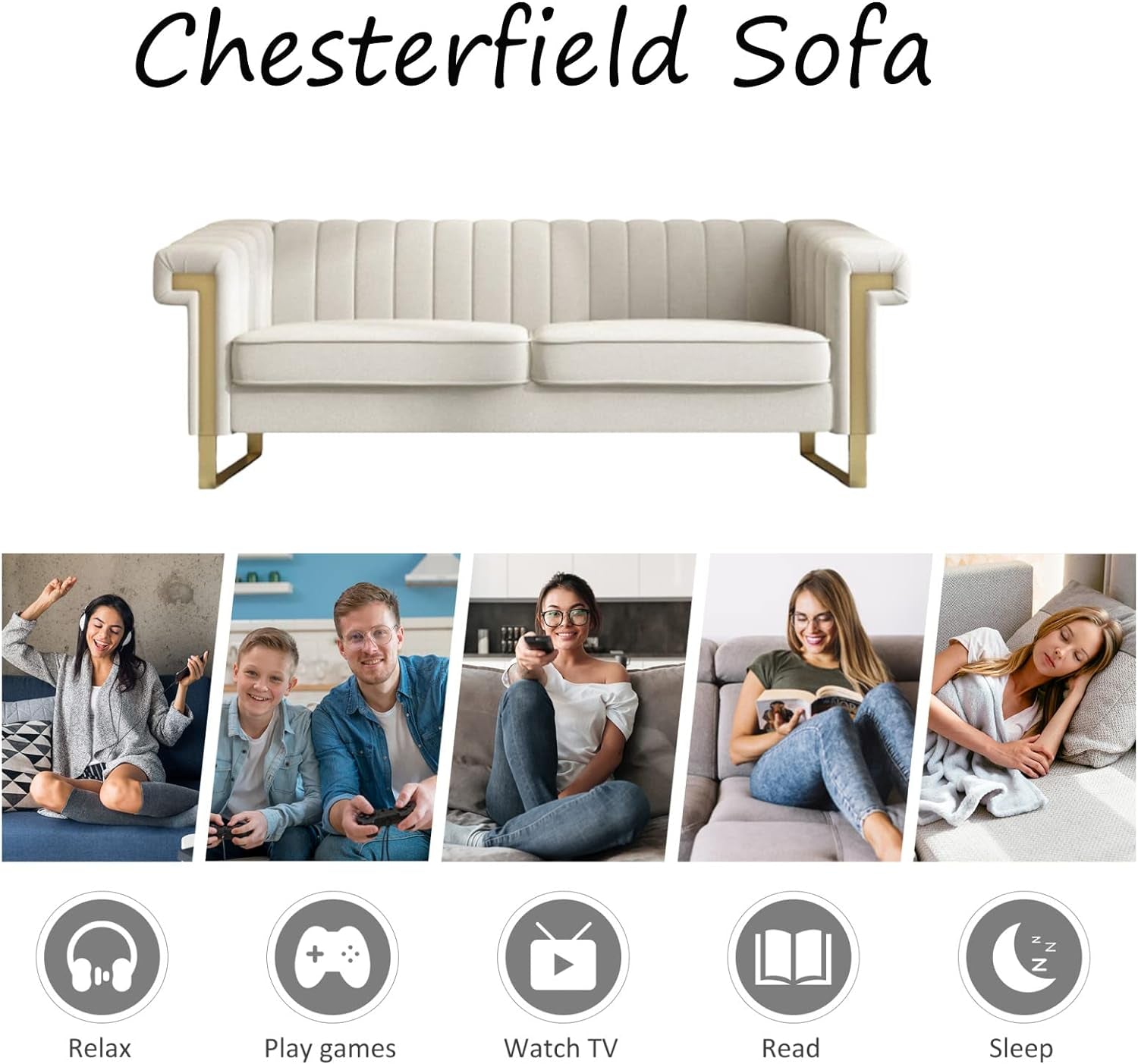 "Luxurious Velvet Chesterfield Sofa: Elegant Flair, Plush Removable Cushions, Opulent Gold Legs - Timeless Mid Century Tufted Design in Beautiful Beige"