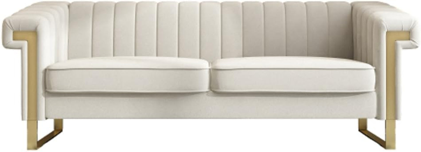 "Luxurious Velvet Chesterfield Sofa: Elegant Flair, Plush Removable Cushions, Opulent Gold Legs - Timeless Mid Century Tufted Design in Beautiful Beige"