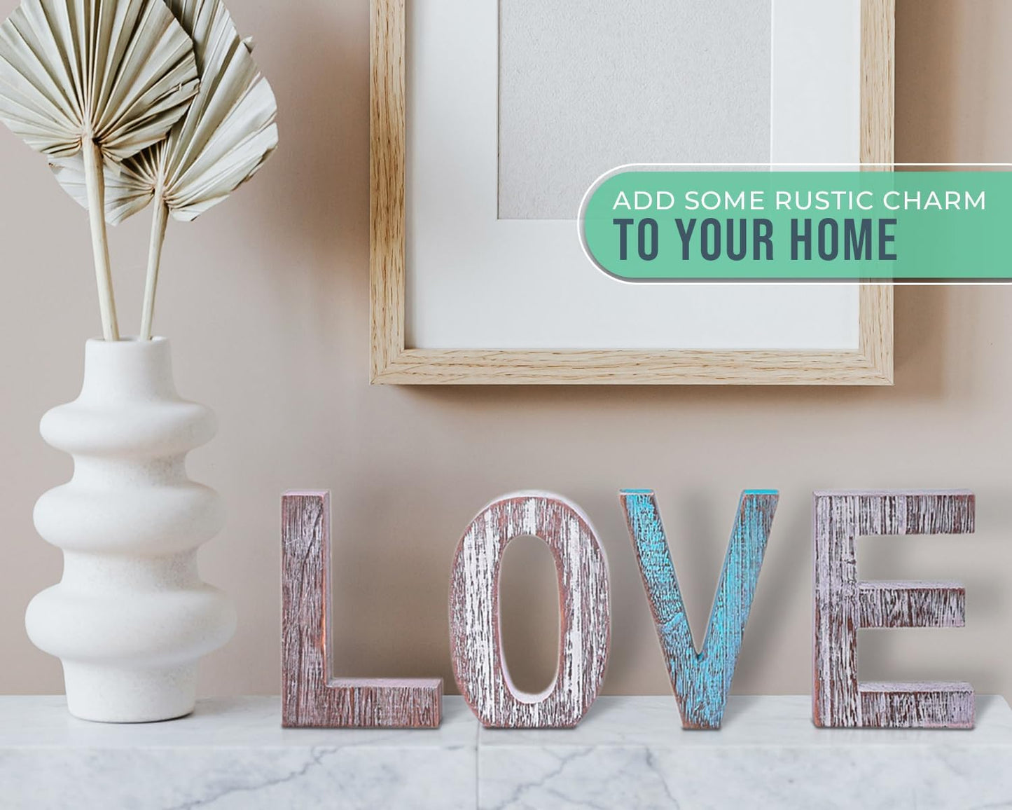 "Rustic Love Letters: Charming Blue, White, and Grey Wall Décor - Perfect Farmhouse Accent for Your Living Room"