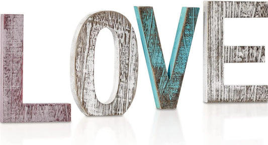 "Rustic Love Letters: Charming Blue, White, and Grey Wall Décor - Perfect Farmhouse Accent for Your Living Room"