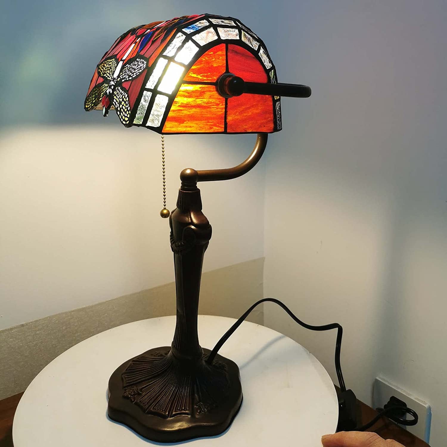 " Tiffany Dragonfly Banker Table Lamp: Exquisite Stained Glass Beauty for Timeless Elegance"