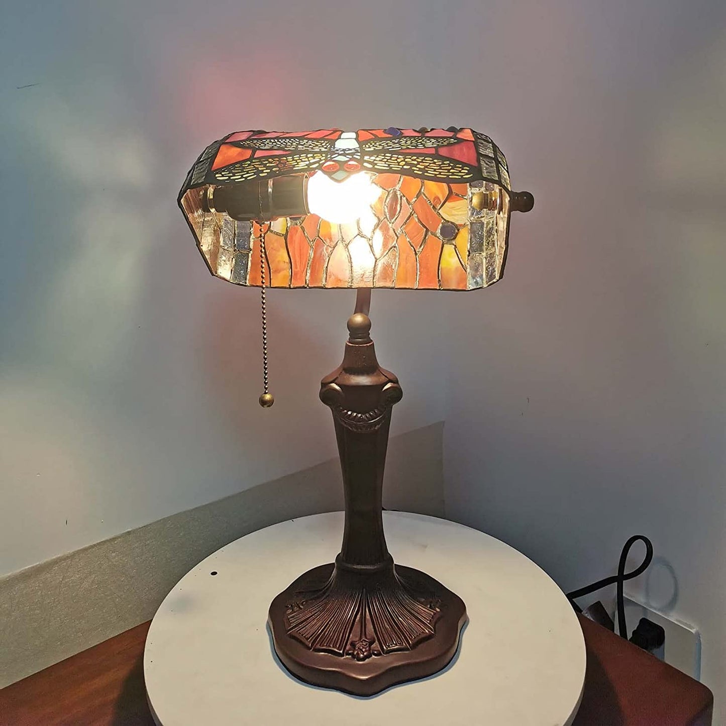 " Tiffany Dragonfly Banker Table Lamp: Exquisite Stained Glass Beauty for Timeless Elegance"