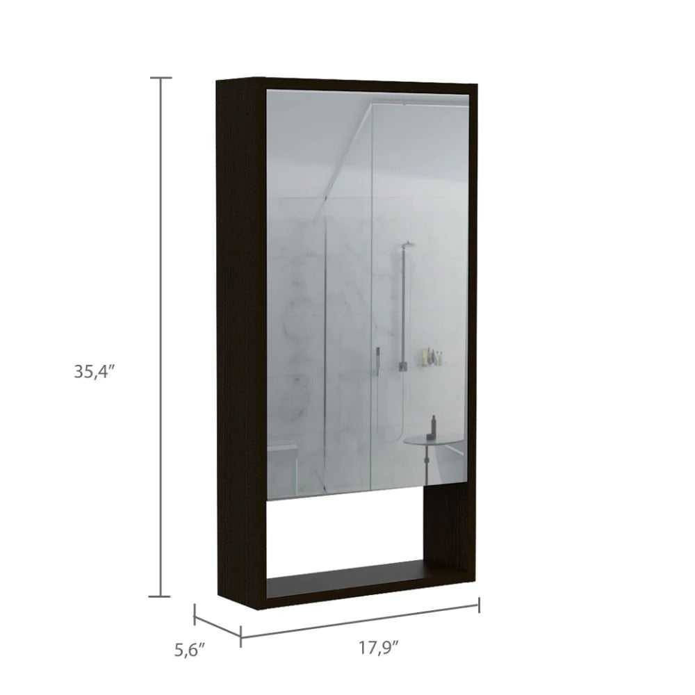 "Stylish and Functional Medicine Cabinet with External Shelf in Sleek Black Wengue Finish - Irvine Collection"