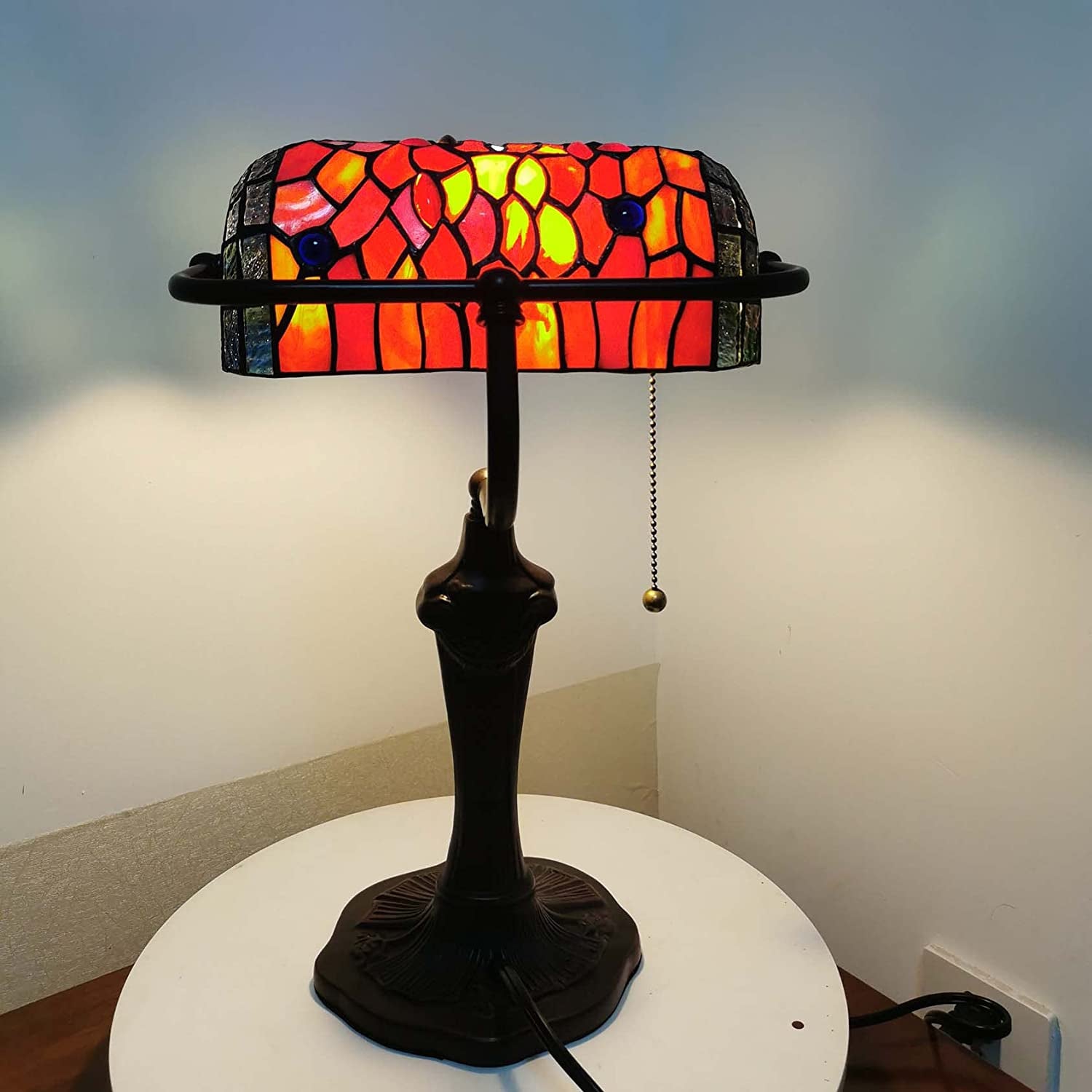 " Tiffany Dragonfly Banker Table Lamp: Exquisite Stained Glass Beauty for Timeless Elegance"