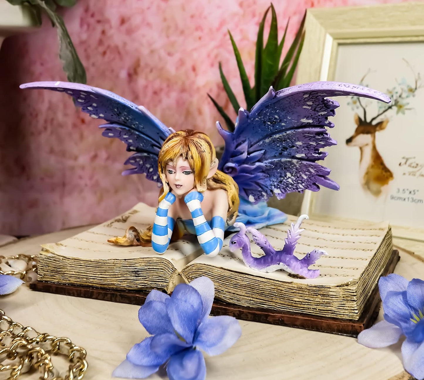 "Enchanting Purple Lavender Fairy with Dragon Statue: 7.25" Collectible for Fantasy Lovers"