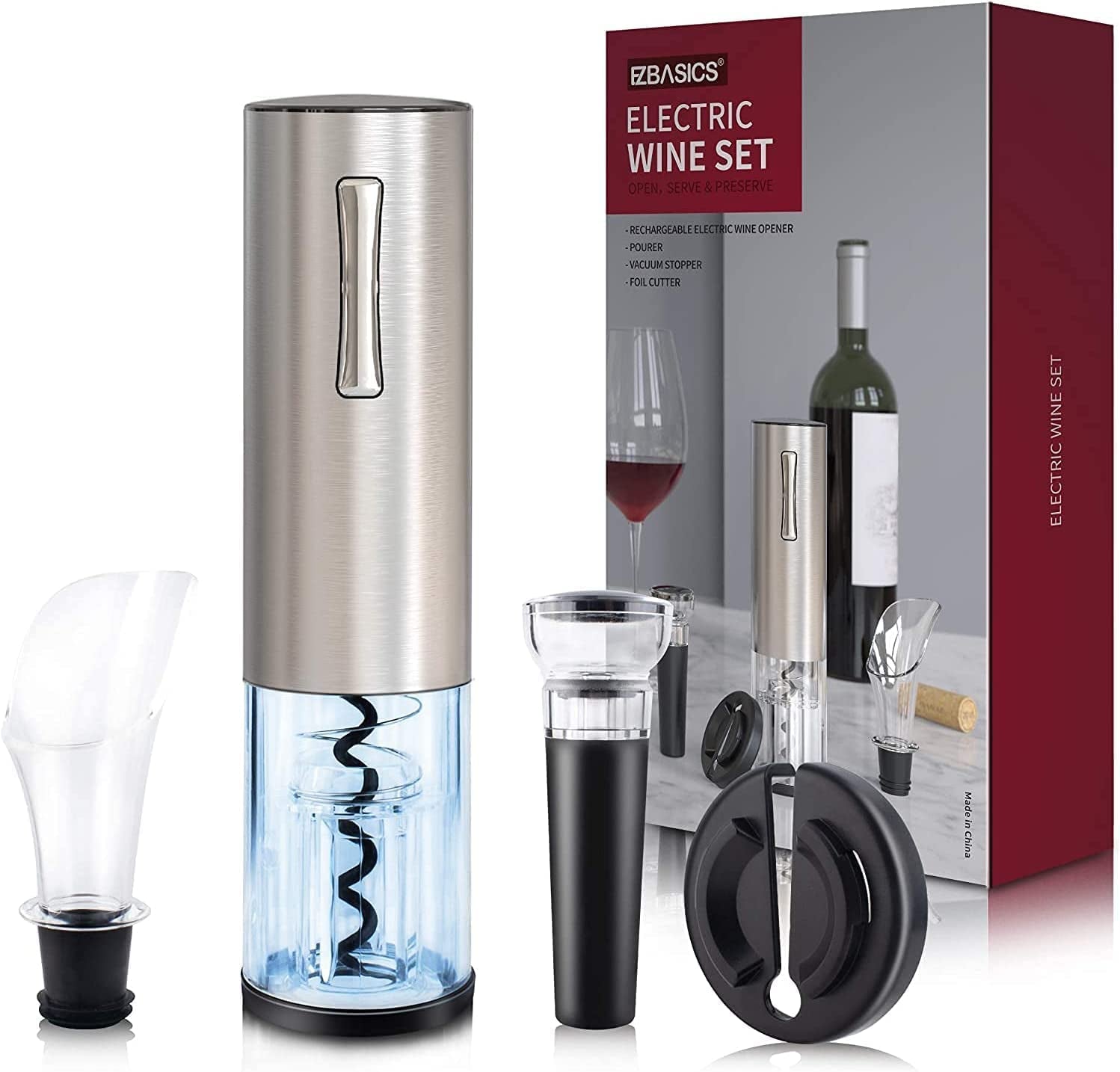 "Effortless Wine Opening: Complete Set with Foil Cutter, Vacuum Stopper, Aerator Pourer - Sleek Silver Design"