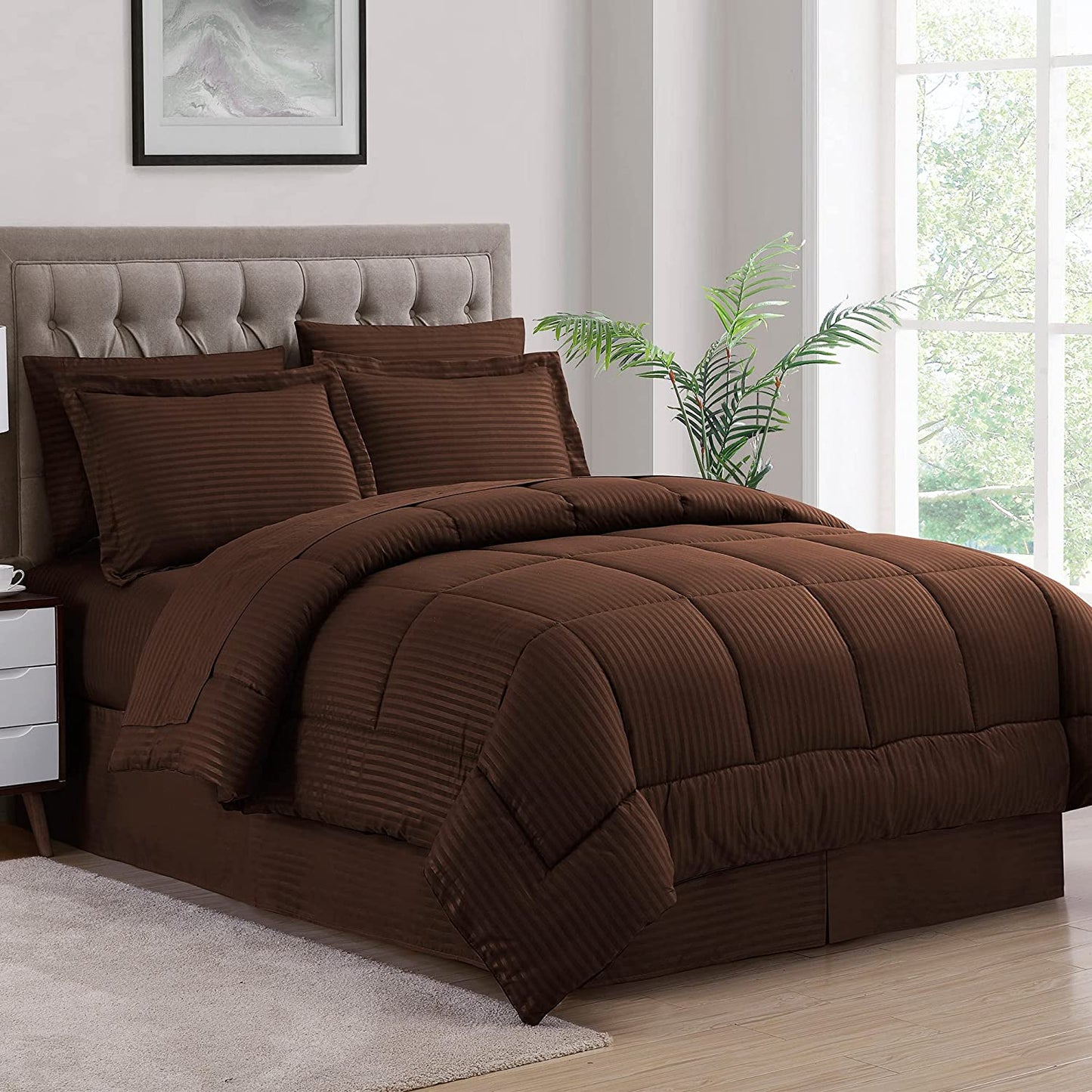 "Ultimate Twin Comforter Set: Complete Bedding Bundle with Bed Skirt, Sheets, Pillowcases, and Sham - Luxurious Dobby Chocolate Design!"