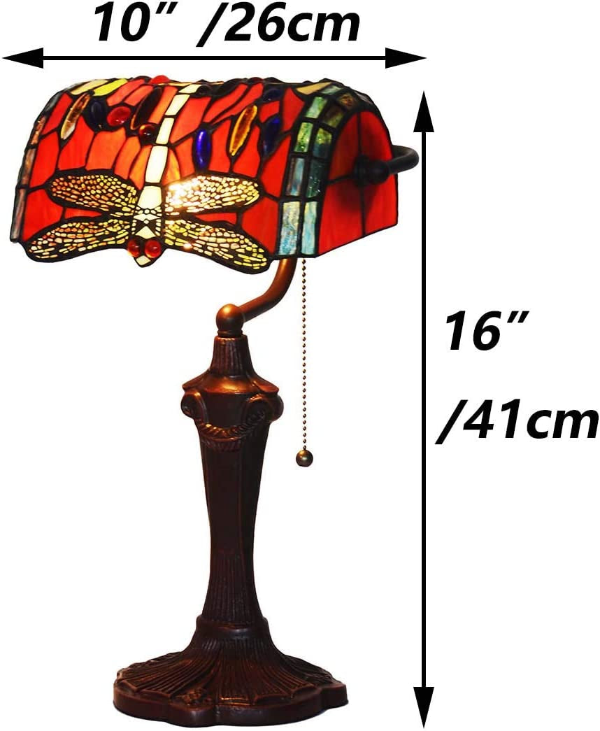 " Tiffany Dragonfly Banker Table Lamp: Exquisite Stained Glass Beauty for Timeless Elegance"