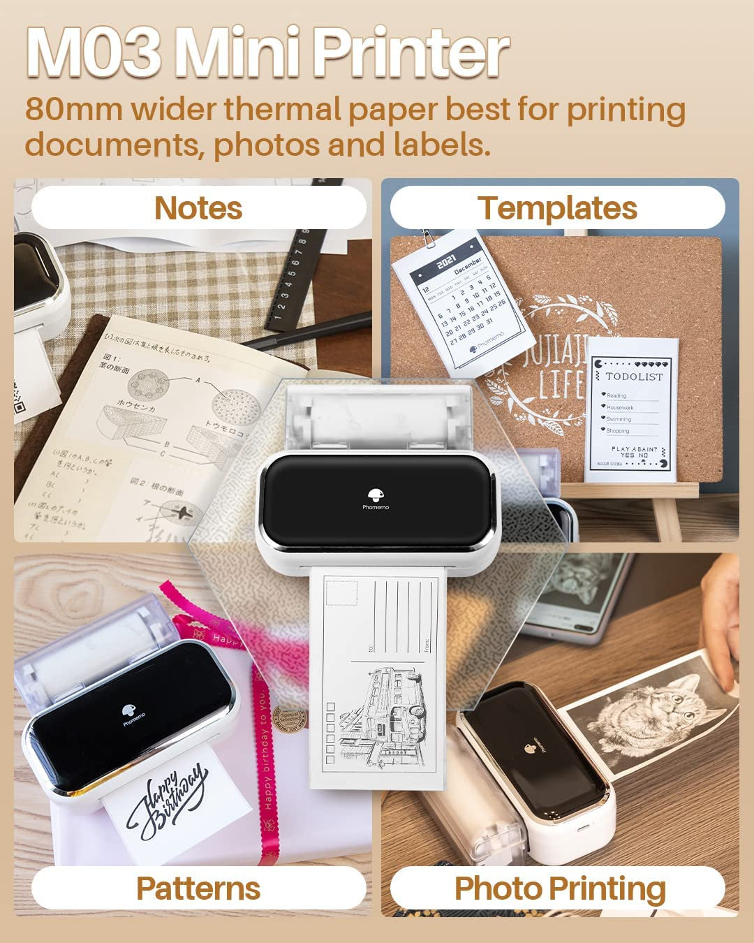 "Print Anywhere, Anytime with the M03 Pocket Printer: Compact Bluetooth Thermal Printer - Perfect for Printing Notes & Photos on 53Mm/80Mm Paper (White)"