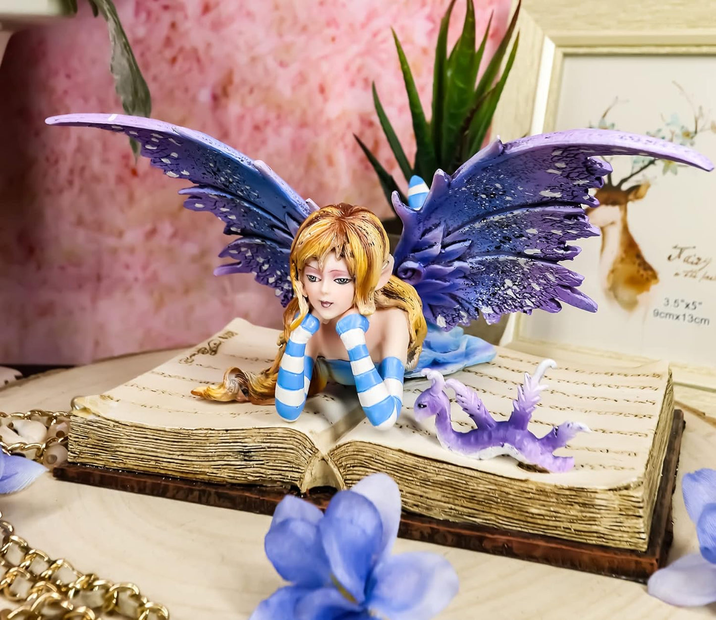 "Enchanting Purple Lavender Fairy with Dragon Statue: 7.25" Collectible for Fantasy Lovers"