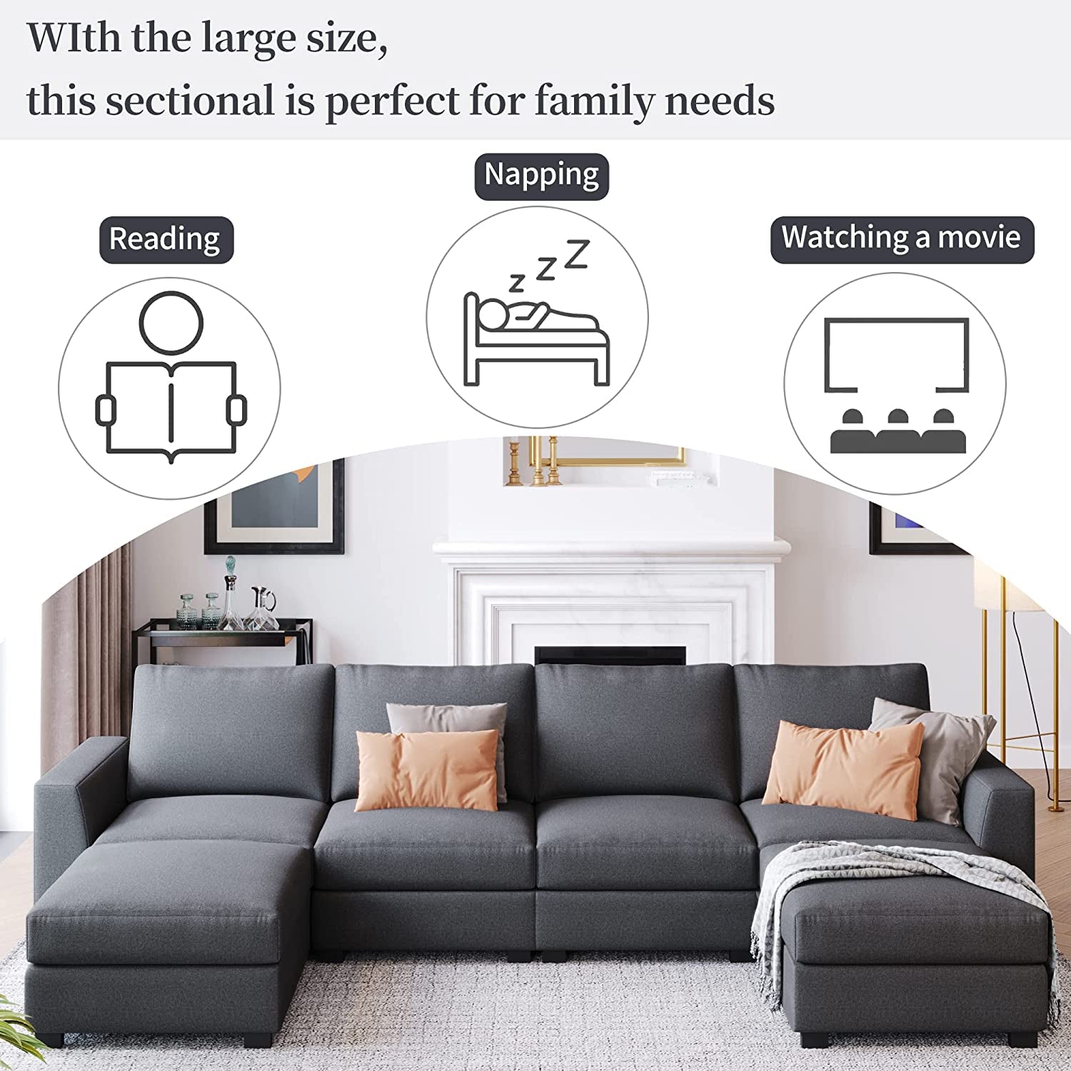 "Modern and Versatile 131" U-Shape Sectional Sofa Set with Ottoman and Stylish Wide Arms - Elegant Gray Finish!"