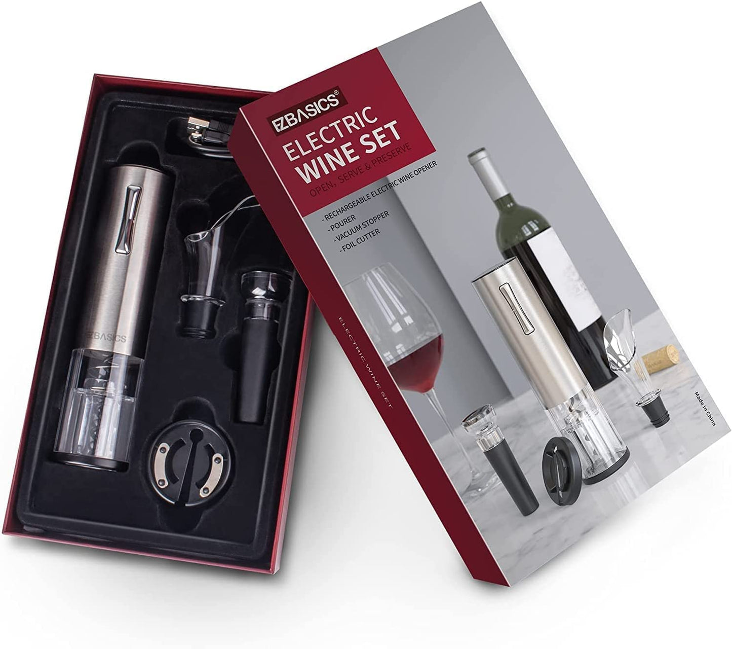 "Effortless Wine Opening: Complete Set with Foil Cutter, Vacuum Stopper, Aerator Pourer - Sleek Silver Design"