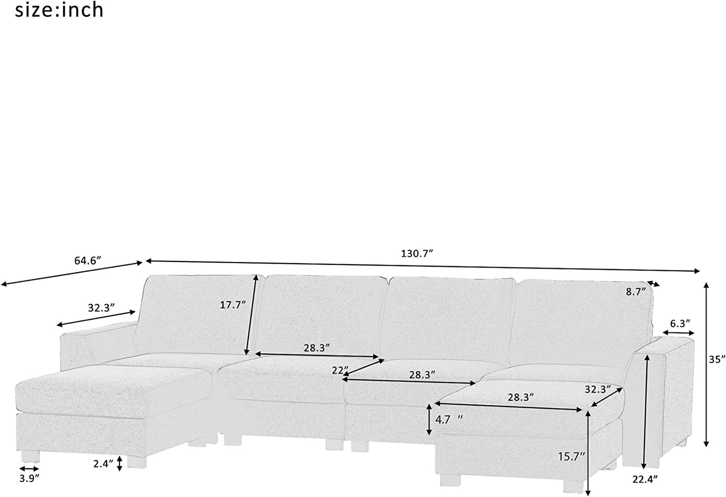 "Modern and Versatile 131" U-Shape Sectional Sofa Set with Ottoman and Stylish Wide Arms - Elegant Gray Finish!"