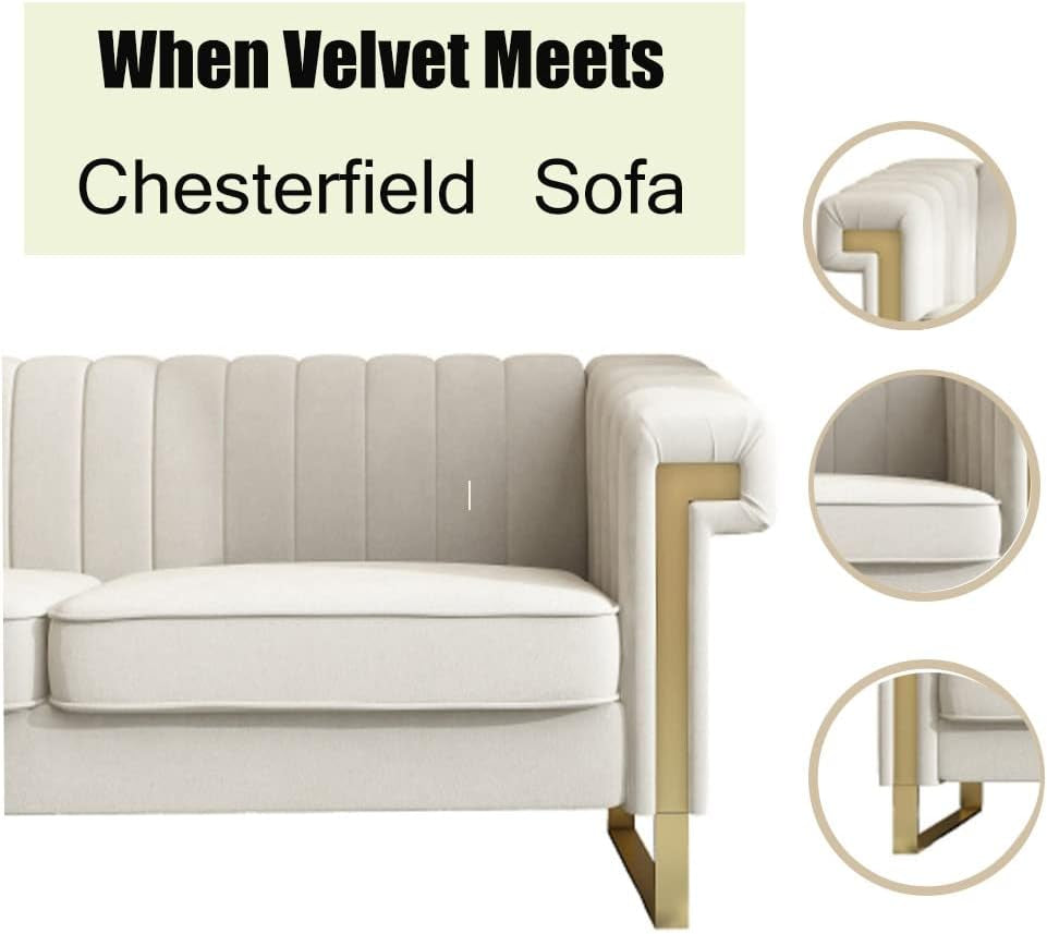 "Luxurious Velvet Chesterfield Sofa: Elegant Flair, Plush Removable Cushions, Opulent Gold Legs - Timeless Mid Century Tufted Design in Beautiful Beige"