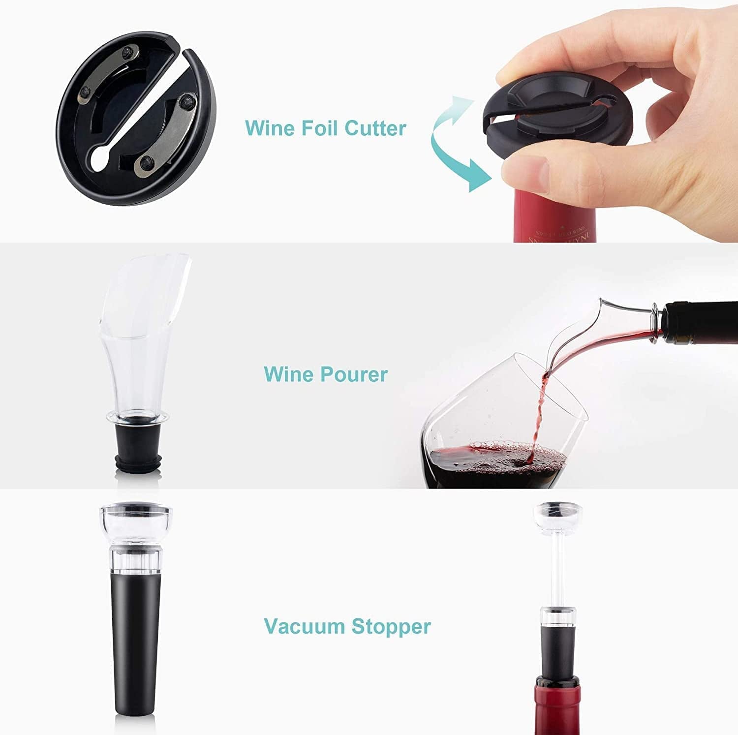 "Effortless Wine Opening: Complete Set with Foil Cutter, Vacuum Stopper, Aerator Pourer - Sleek Silver Design"